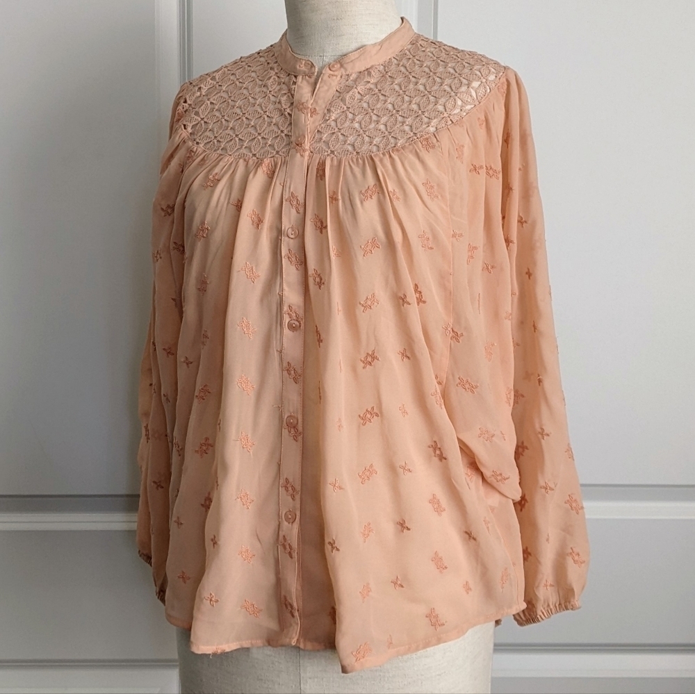 Lucky Brand Blouse Embroidered Semi-Sheer Lace Button Front Rose Tan S/M NWT - Picture 11 of 14